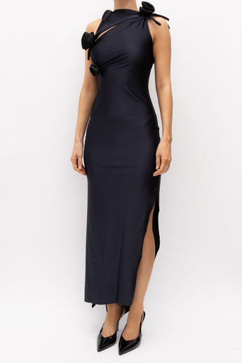 Coperni Asymmetric Flower Midi Dress Black