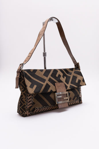 Fendi Zucca Canvas Leather Whipstitch XL Baguette