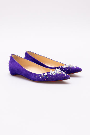 Christian Louboutin Suede Crystal Pointed Flats Purple