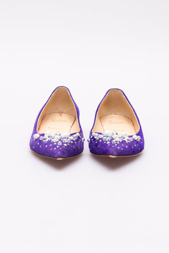 Christian Louboutin Suede Crystal Pointed Flats Purple