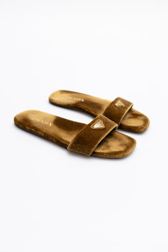 Prada Triangle Logo Velvet Slides