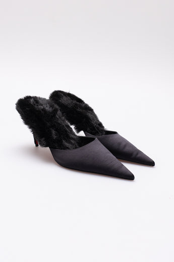 Christian Louboutin KM Faux Fur Satin Mule Pumps Black