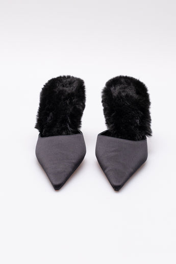 Christian Louboutin KM Faux Fur Satin Mule Pumps Black