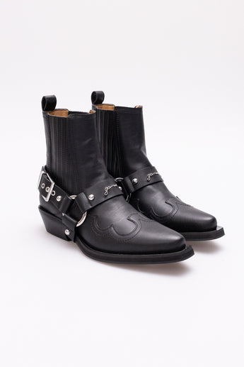 Ganni Chelsea Western-Buckle Cowboy Boots Black