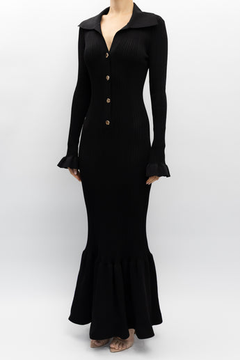 Self-Portrait Ribbed Knit Fluted Midi Dress Black
