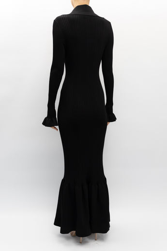 Self-Portrait Ribbed Knit Fluted Midi Dress Black