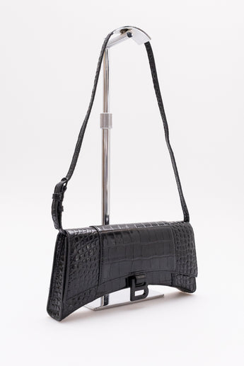 Balenciaga Long Hourglass Croc Effect Bag Black