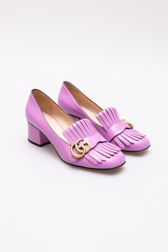 Gucci GG Marmont Fringe Block Heel Pumps Pink