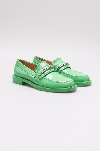 Chanel CC Chain Logo Loafers Patent Green