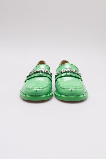 Chanel CC Chain Logo Loafers Patent Green