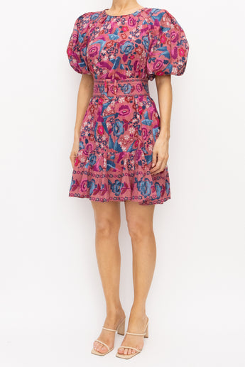 Farm Rio Floral Birds Puff-Sleeve Dress