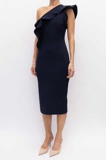 Scanlan Theodore Crepe Knit Ruffle Shoulder Dress Navy
