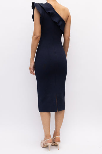 Scanlan Theodore Crepe Knit Ruffle Shoulder Dress Navy