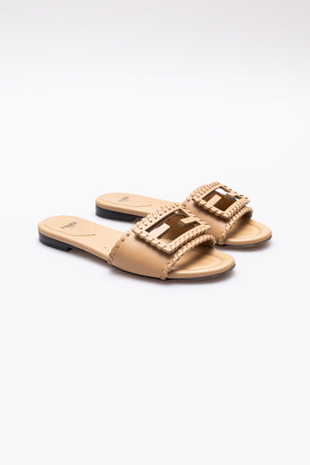 Fendi Baguette Leather Slides Brown