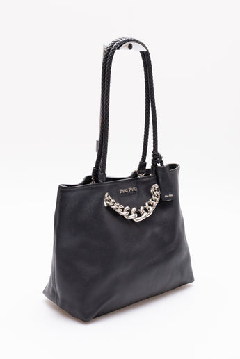 Miu Miu Leather Chain Detail Tote Bag Black