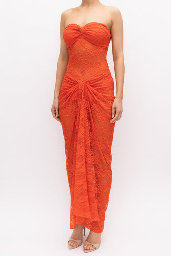 Natalie Rolt Lace Strapless Dress Orange
