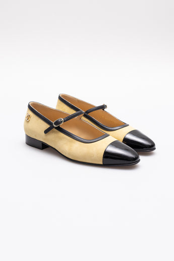 Chanel Patent Cap Toe CC Mary Jane Flats Beige/Black
