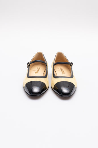 Chanel Patent Cap Toe CC Mary Jane Flats Beige/Black