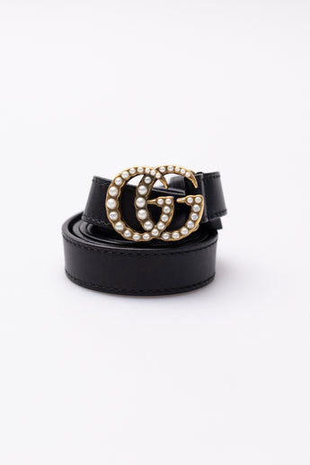 Gucci Marmont Pearl Embellished Slim Belt