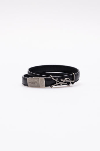 Saint Laurent Cassandre Double-Wrap Leather Bracelet Black