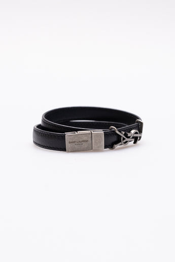 Saint Laurent Cassandre Double-Wrap Leather Bracelet Black