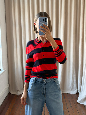 Victoria Beckham Striped Knitted Polo Top Red / Black