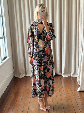 Rixo Greta Crepe Midi Dress Peony Flora Black