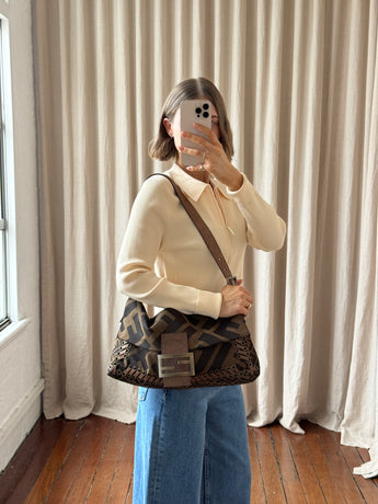 Fendi Zucca Canvas Leather Whipstitch XL Baguette