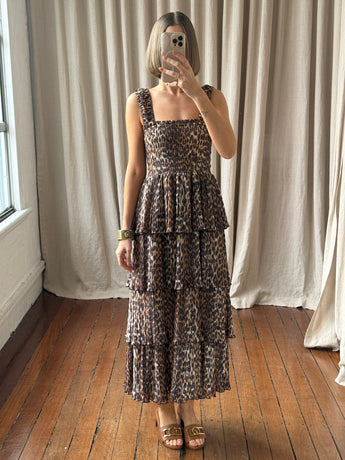 Ganni Leopard Print Tiered Dress