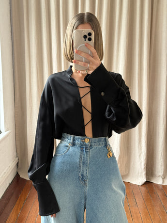 Khaite Athena Cross Neck Blouse Black