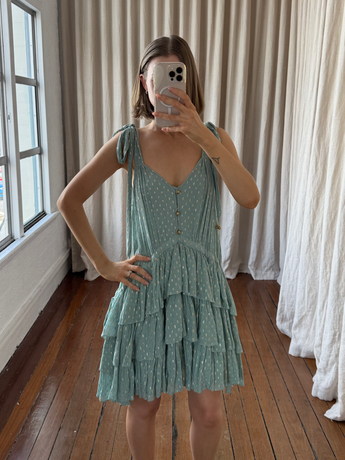 Zimmermann Rhiannon Metallic Frill Mini Dress Mint